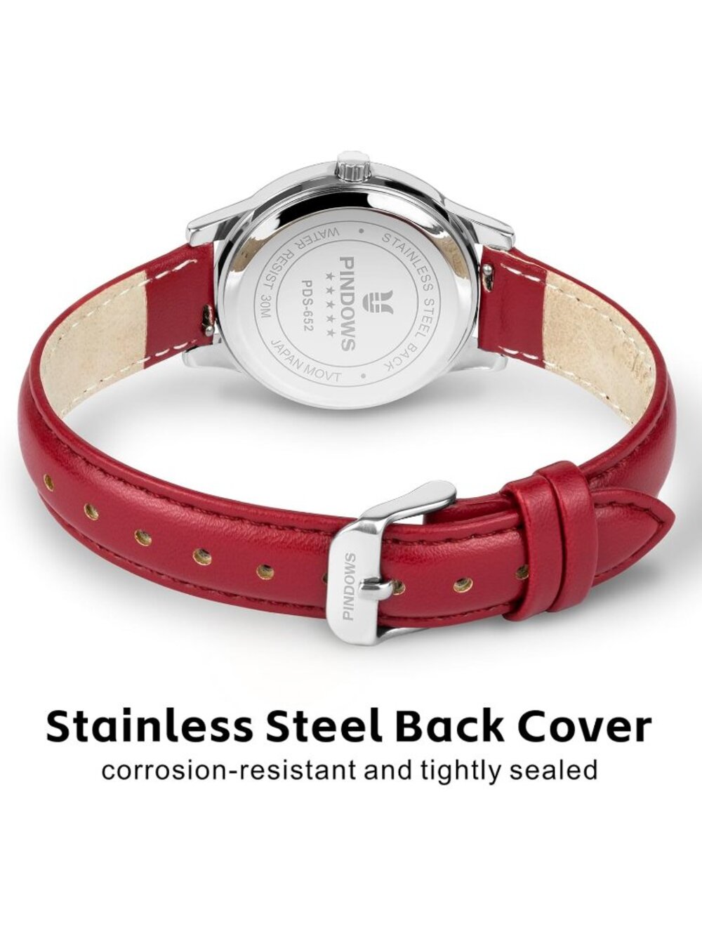 Women's Silver-Red Leather Band Small Analog Arabic Numerals Quartz Wrist Watch - Picture 3 of 7